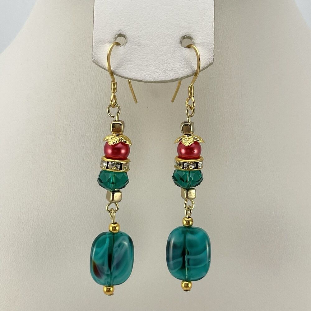 18K Gold Plated Teal Blue Red Glass Beaded Dangle Earrings Artisan New Boho